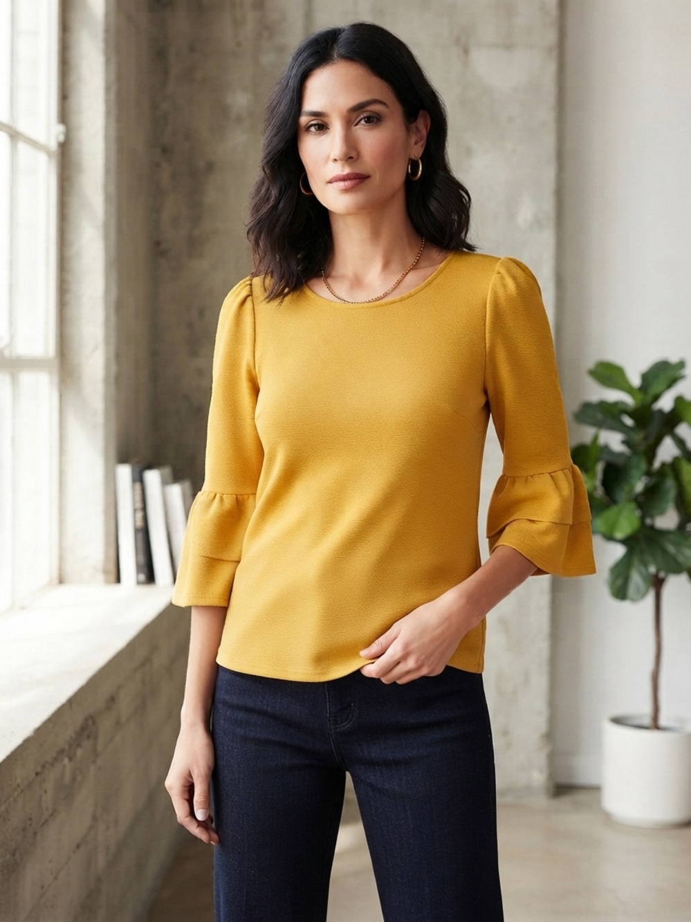Green Envelope Mustard Ruffle-Sleeve Blouse
